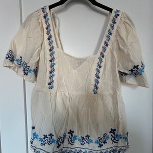 Old Navy Cream Top with Blue Floral Embroidery